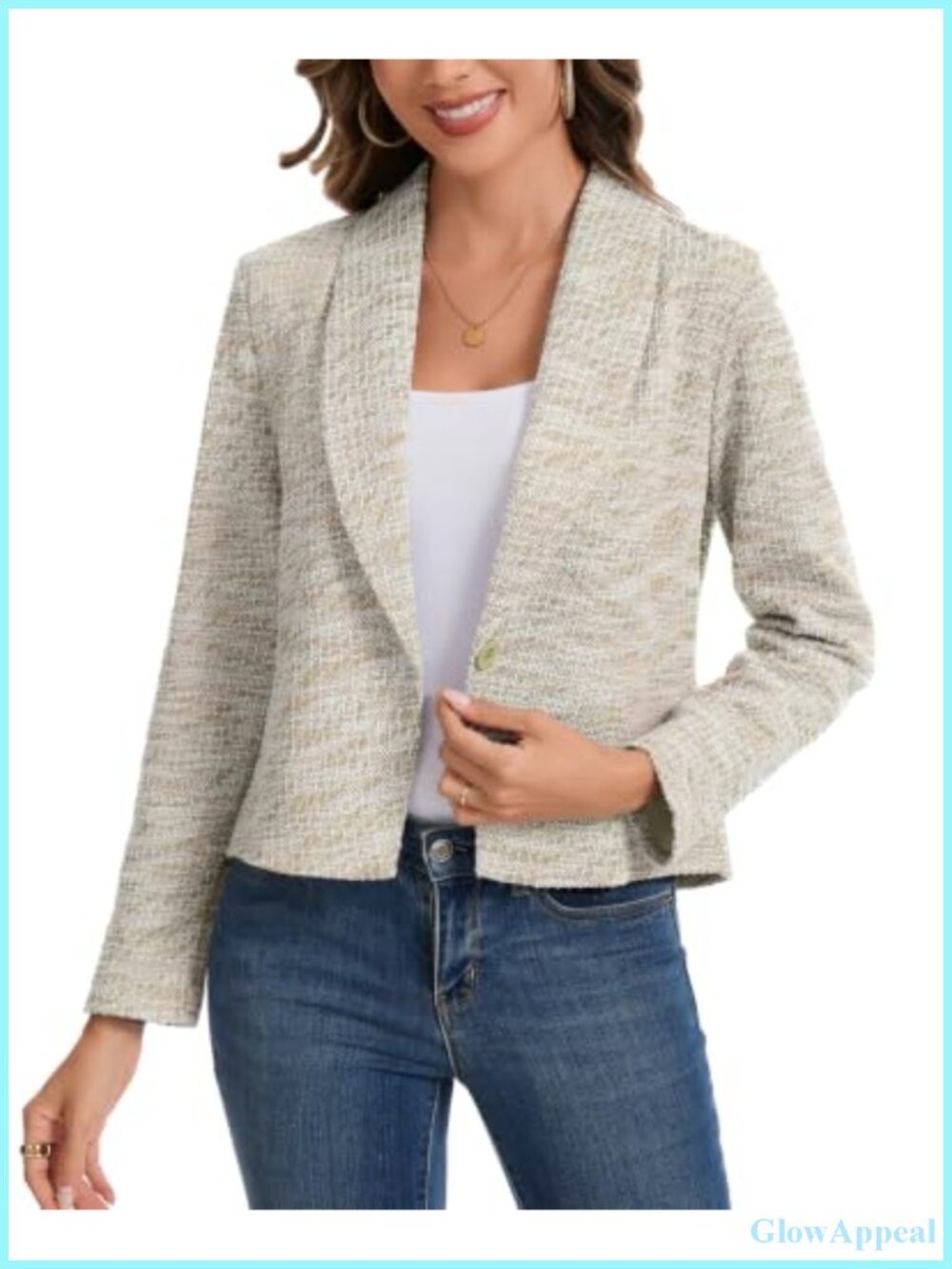Cropped Tweed Blazer Women Long Sleeve Shawl Lapel Business Casual Jacket